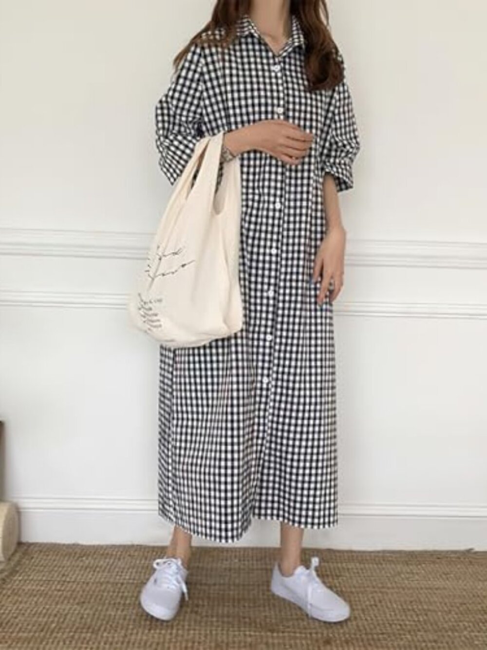 Women's Summer Casual Short Sleeve Cotton Gingham Dress Plaid Midi Long Shirt